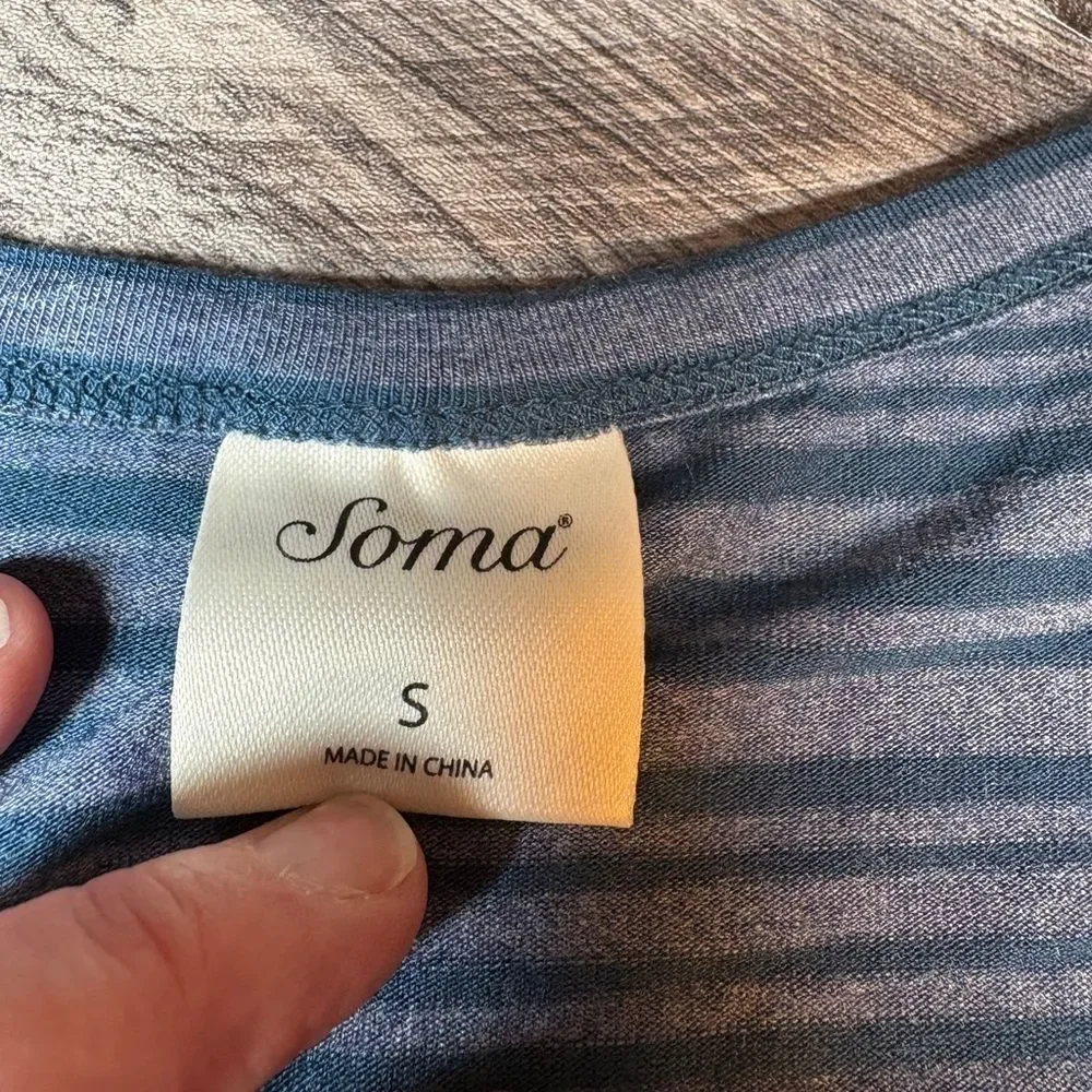 Soma Womens Small Blue Gray Striped V Neck Short Sleeve Soft Lounge Top